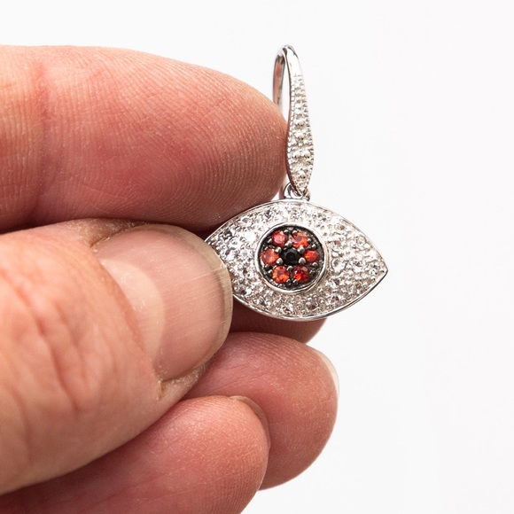 Rarities by Carol Brodie evil eye drop style earrings white topaz & red sapphire - Picture 7 of 14